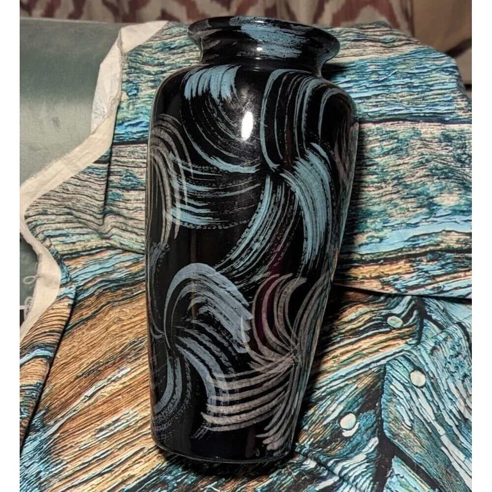 Mid Century Modern‎ Vase Black Vases Purple Pink Blue Abstract Design 12.5